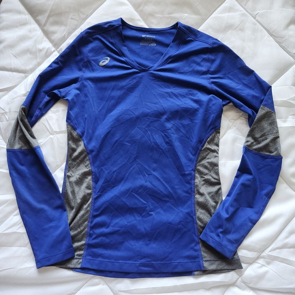 ASICS Blue/Gray Athletic Logo V-Neck Long Sleeve Top Women's S